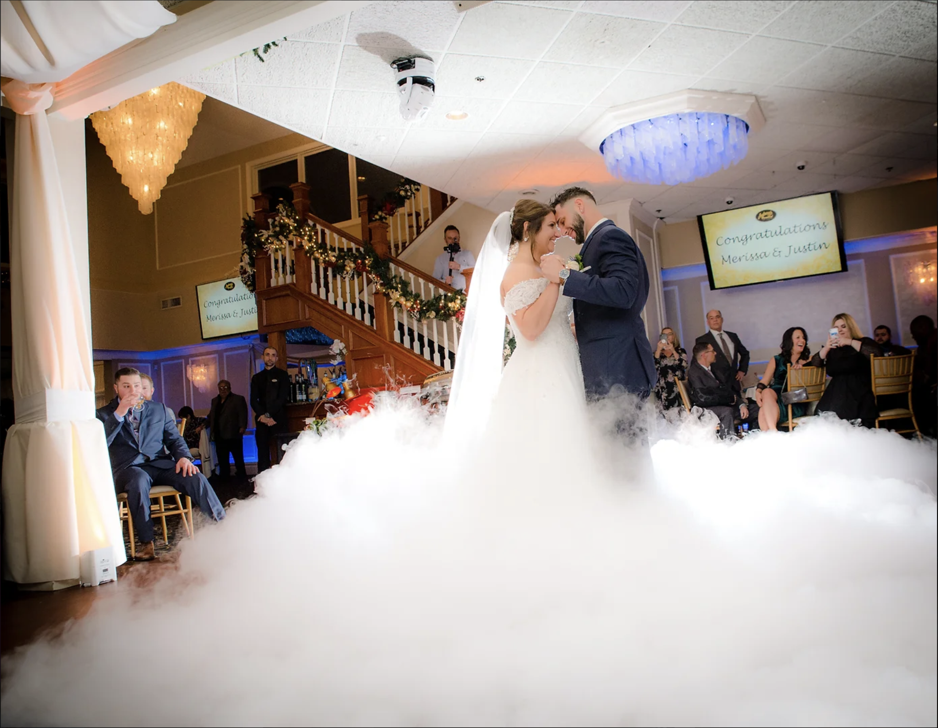 Bride and groom on a packed wedding dance floor in Connecticut